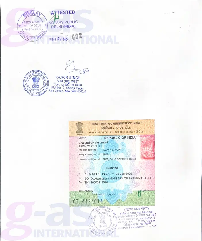 Jamaica Apostille Services in India apostille sticker and official verification stamps on a certified document
