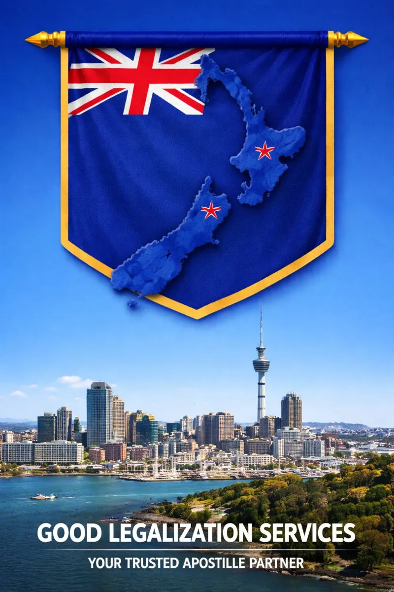 Official document authentication process showing MEA Apostille for New Zealand stamp verification on certificate