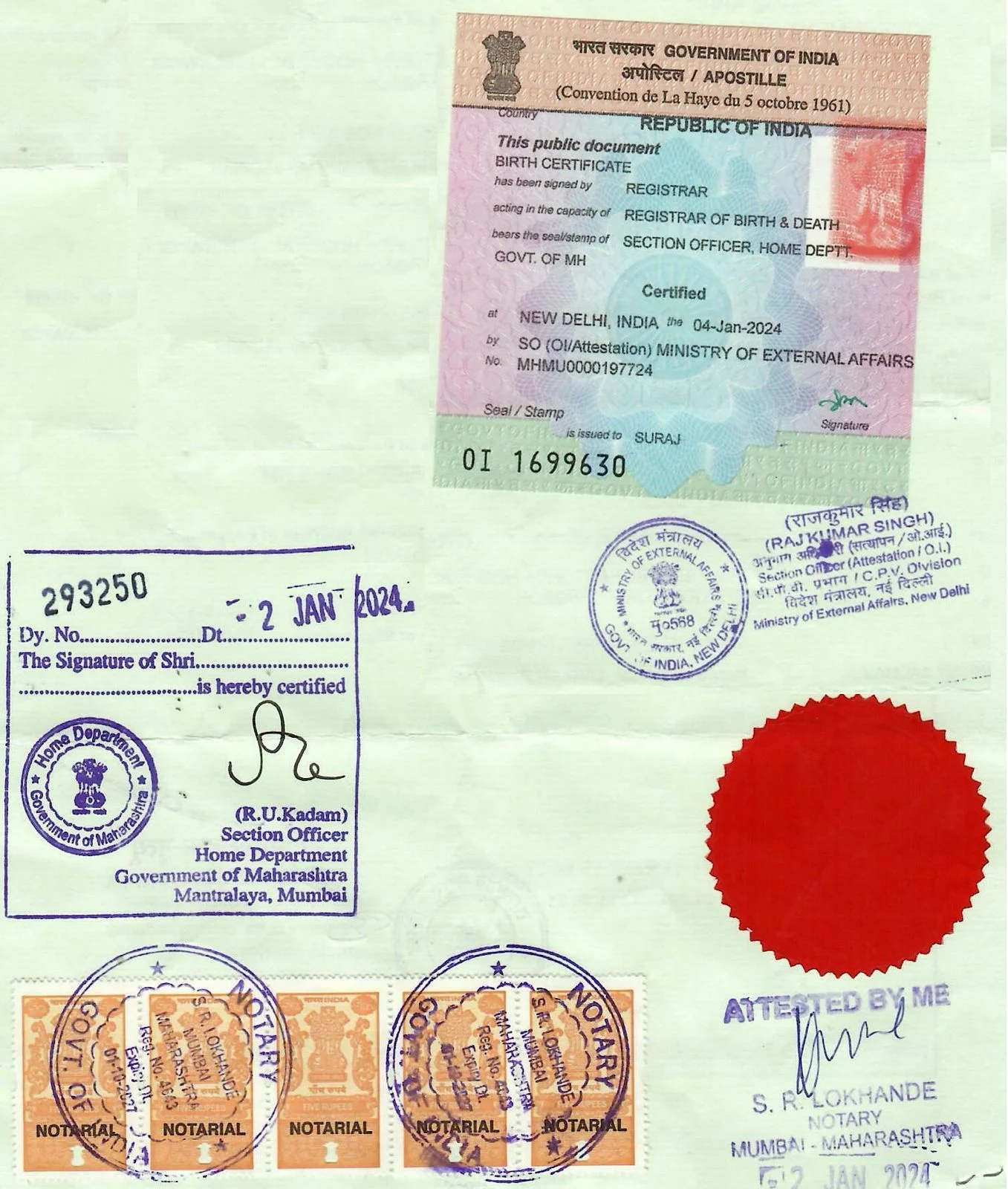 Notary, SDM, and MEA apostille seals on degree certificate for international use from India